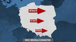 Prędkości wiaru w nocy ze środy na czwartek