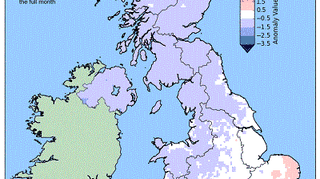 Procentowe odchylenie od średniej temperatury z lat 1981-2010 dla okresu 1-29 lipca 