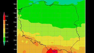 Prognoza indeksu UV na 9 sierpnia 2015 r. dla bezchmurnego nieba (IMGW)