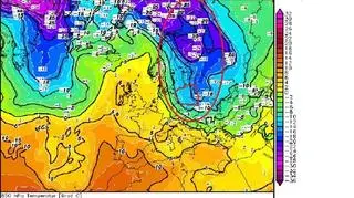 Prognoza napływu mroźnej masy powietrza arktycznego na początku marca, temperatura na wysokości około 1,5 kilometra z zaznaczonym jęzorem chłodu (model GFS/wetter3)