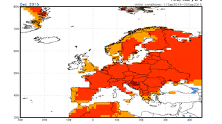 Prognoza  NOAA na grudzień, gdy el nino będzie najsilniejsze. Mapa pokazuje odchylenie in plus o 1-2 st. temperatury średniej miesięcznej od normy