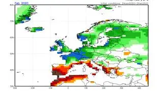 Prognoza odchylenia na plus średniej miesięcznej opadów na luty 2020 (NWS/NCEP/NOAA)