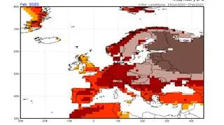 Prognoza odchylenia na plus średniej miesięcznej temperatury na luty 2020 (NWS/NCEP/NOAA)