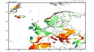 Prognoza odchylenia od średnich miesięcznych opadów dla grudnia 2019 roku według modelu (NOAA)
