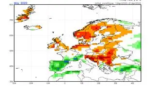 Prognoza odchylenia opadów od normy na maj 2020 (NOAA)