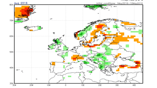 Prognoza odchylenia średnich miesięcznych opadów od normy na sierpień 2016