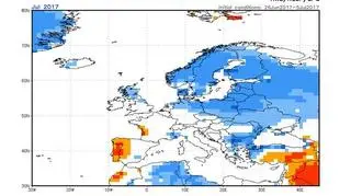 Prognoza odchylenia średniej miesięcznej temperatury lipca 2017 od normy z wielolecia  - wariant III pesymistyczny  (NOAA)
