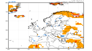 Prognoza odchylenia średniej miesięcznej temperatury od normy na lipiec 2016