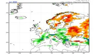 Prognoza odchylenia sumy opadów od normy na czerwiec 2020 (NOAA)
