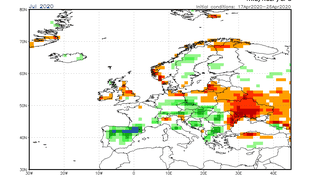 Prognoza odchylenia sumy opadów od normy na lipiec 2020 (NOAA)	