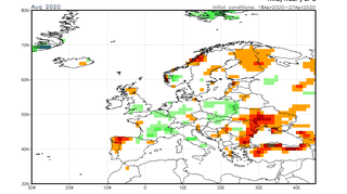 Prognoza odchylenia sumy opadów od normy na sierpień 2020 (NOAA)	