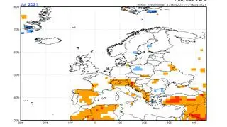 Prognoza odchylenia temperatury od normy wieloletniej na lipiec 2021 r. (NOAA)