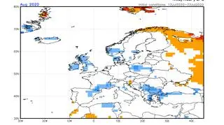 Prognoza odchylenia temperatury od średniej w sierpniu 2020 (NOAA)