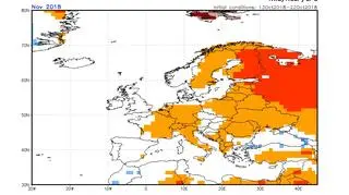 Prognoza odchylenia temperatury średniej miesięcznej od normy w listopadzie (NOAA)