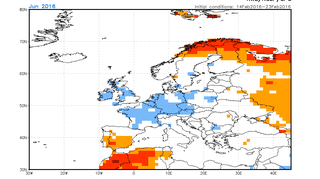 Prognoza odchylenia temperatury średniej miesięcznej od normy wieloletniej w czerwcu (pola niebieskie odchylenie do -1 st.) 