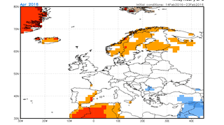 Prognoza odchylenia temperatury średniej miesięcznej od normy wieloletniej w kwietniu (pola niebieskie odchylenie do -1 st.) 