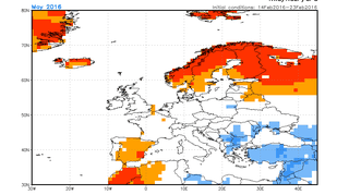Prognoza odchylenia temperatury średniej miesięcznej od normy wieloletniej w maju (pola niebieskie odchylenie do -1 st.) 