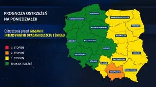 Prognoza ostrzeżeń na poniedziałek
