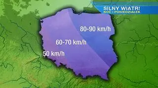 Prognoza prędkości wiatru na noc i poniedziałek