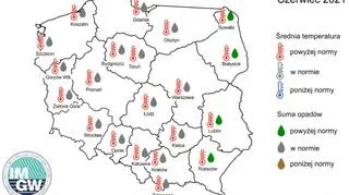  Prognoza średniej miesięcznej temperatury powietrza i miesięcznej sumy opadów atmosferycznych na czerwiec 2021 r. dla wybranych miast w Polsce (IMGW)