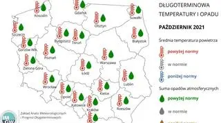 Prognoza średniej miesięcznej temperatury powietrza i miesięcznej sumy opadów atmosferycznych na październik 2021 r. dla wybranych miast w Polsce (IMGW-PIB)