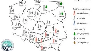Prognoza średniej miesięcznej temperatury powietrza i miesięcznej sumy opadów atmosferycznych na sierpień 2021 r. dla wybranych miast w Polsce (IMGW-PIB)