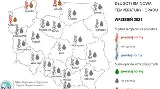 Prognoza średniej miesięcznej temperatury powietrza i miesięcznej sumy opadów atmosferycznych na wrzesień 2021 r. dla wybranych miast w Polsce (IMGW-PIB)