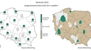 Prognozowana klasa liczby dni z opadem w kwietniu 2021 r. według modelu IMGW-Reg i IMGW-Bayes (źródło: IMGW)