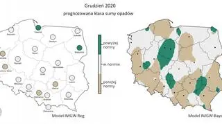Prognozowana klasa miesięcznej sumy opadów w grudniu 2020 r. według modelu IMGW-Reg i IMGW-Bayes (IMGW-PiB)