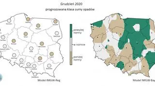 Prognozowana klasa miesięcznej sumy opadów w grudniu 2020 r. według modelu IMGW-Reg i IMGW-Bayes (IMGW-PIB)