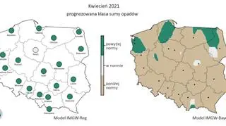 Prognozowana klasa miesięcznej sumy opadów w kwietniu 2021 r. według modelu IMGW-Reg i IMGW-Bayes (źródło: IMGW)