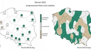 Prognozowana klasa miesięcznej sumy opadów w styczniu 2021 r. według modelu IMGW-Reg i IMGW-Bayes (IMGW-PiB)