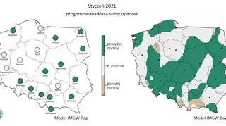 Prognozowana klasa miesięcznej sumy opadów w styczniu 2021 r. według modelu IMGW-Reg i IMGW-Bayes (IMGW-PiB)