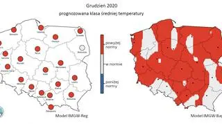 Prognozowana klasa średniej miesięcznej temperatury powietrza w grudniu 2020 r. według modelu IMGW-Reg i IMGW-Bayes (IMGW-PIB)