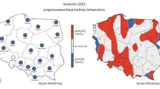 Prognozowana klasa średniej miesięcznej temperatury powietrza w kwietniu 2021 r. według modelu IMGW-Reg i IMGW-Bayes (źródło: IMGW)
