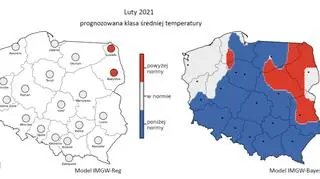 Prognozowana klasa średniej miesięcznej temperatury powietrza w lutym 2021 r. według modelu IMGW-Reg i IMGW-Bayes