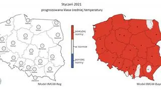 Prognozowana klasa średniej miesięcznej temperatury powietrza w styczniu 2021 r. według modelu IMGW-Reg i IMGW-Bayes (IMGW-PiB)