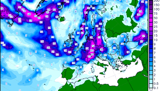 Prognozowana kumulacja opadów do soboty, model GFS/wetter3.de 