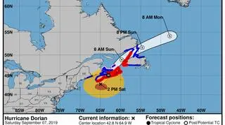 Prognozowana prędkość wiatru huraganu Dorian (stan na godzinę 20 w sobotę) (NHC)