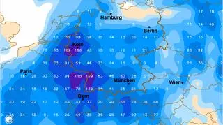 Prognozowana suma ciągłych opadów deszczu do poranka w czwartek (GFS, NOAA)