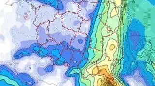 Prognozowana suma opadów śniegu na godzinę 10 w poniedziałek (IMGW)