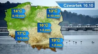 Prognozowana temperatura i suma opadów na czwartek (16 października)