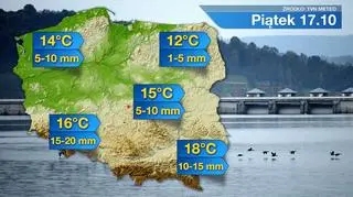 Prognozowana temperatura i suma opadów na piątek (17 października)