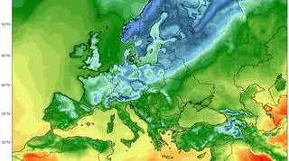Prognozowana temperatura na piątek rano (12 kwietnia), widoczny jęzor chłodu od Skandynawii po Alpy (GFS/University of Maine)