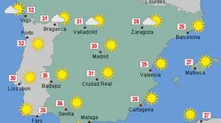 Prognozowana temperatura na Półwyspie Iberyjskim w poniedziałek (wetteronline.de)