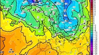 Prognozowana temperatura w piątek 16 stycznia na wysokości 1,5 kilometra według modelu GFS/wetter3.de