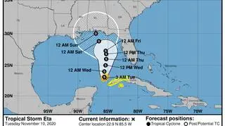 Prognozowana trasa burzy Eta (NOAA, NHC)
