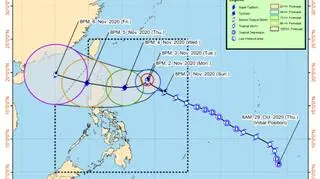 Prognozowana trasa burzy tropikalnej Atsani (PAGASA)