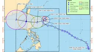 Prognozowana trasa burzy tropikalnej Atsani (PAGASA)