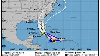 Prognozowana trasa burzy tropikalnej Elsa (NHC/NOAA)